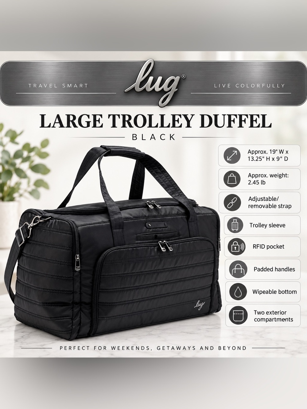 LUG Black Quilted Trolley Duffle  Bag NWT